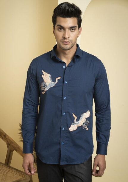 Blue Embroidered Cran Shirt For Men