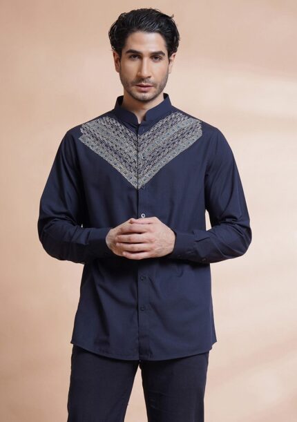 Blue Embroidered Cotton Shirt For Men